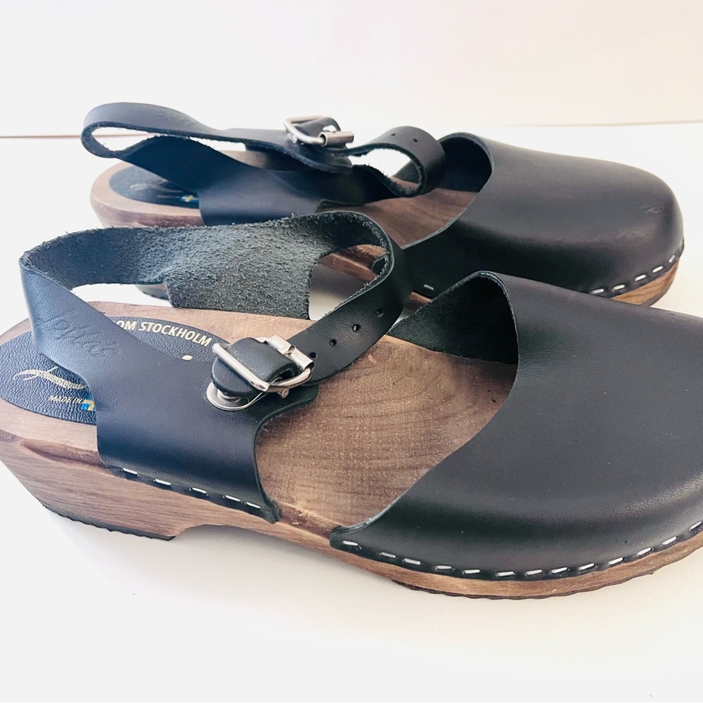Lotta From Stockholm Black Leather Clogs with Wooden Base